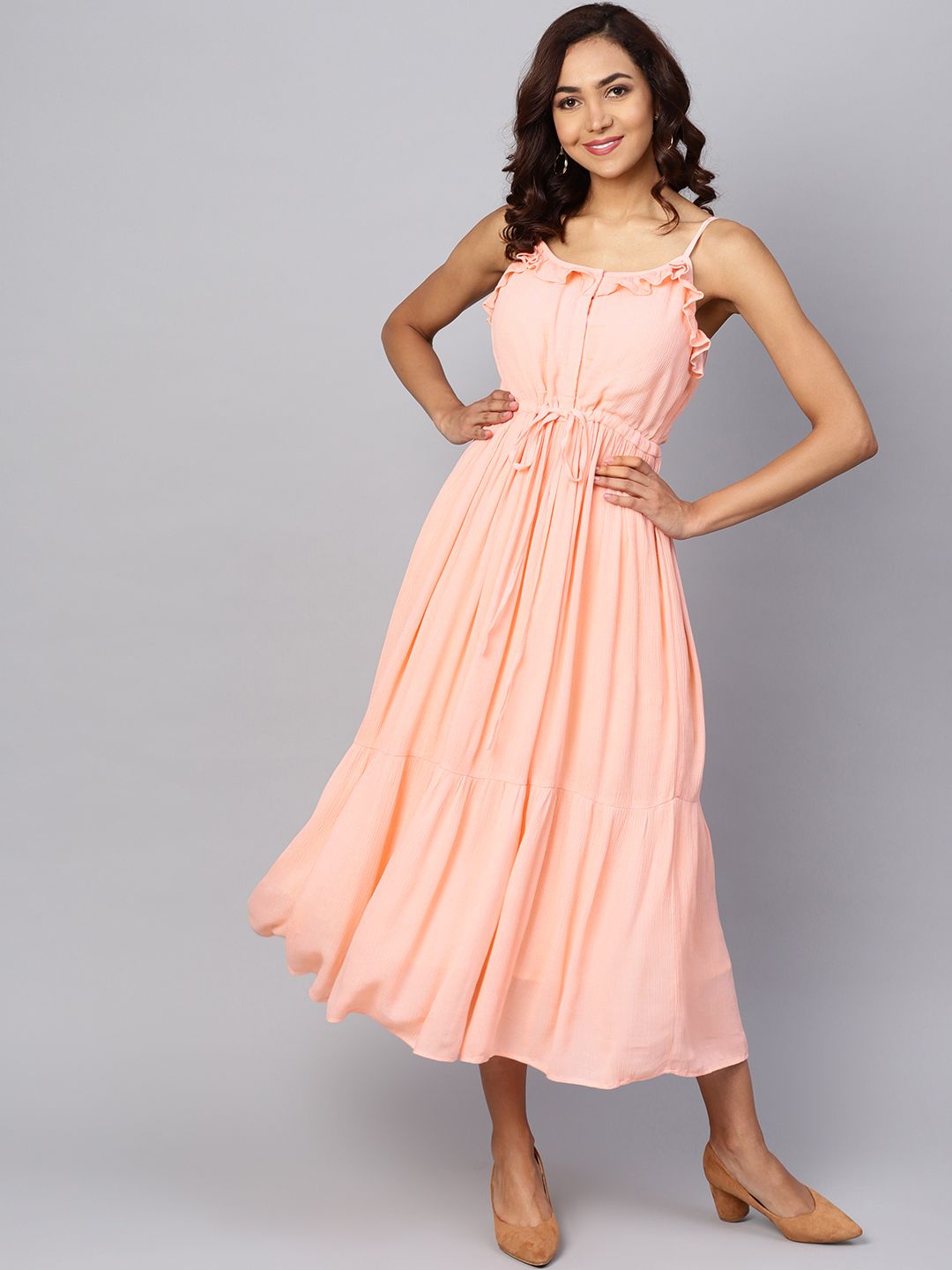 Dhiyona AY Women's Peach-Coloured Solid Empire Dress