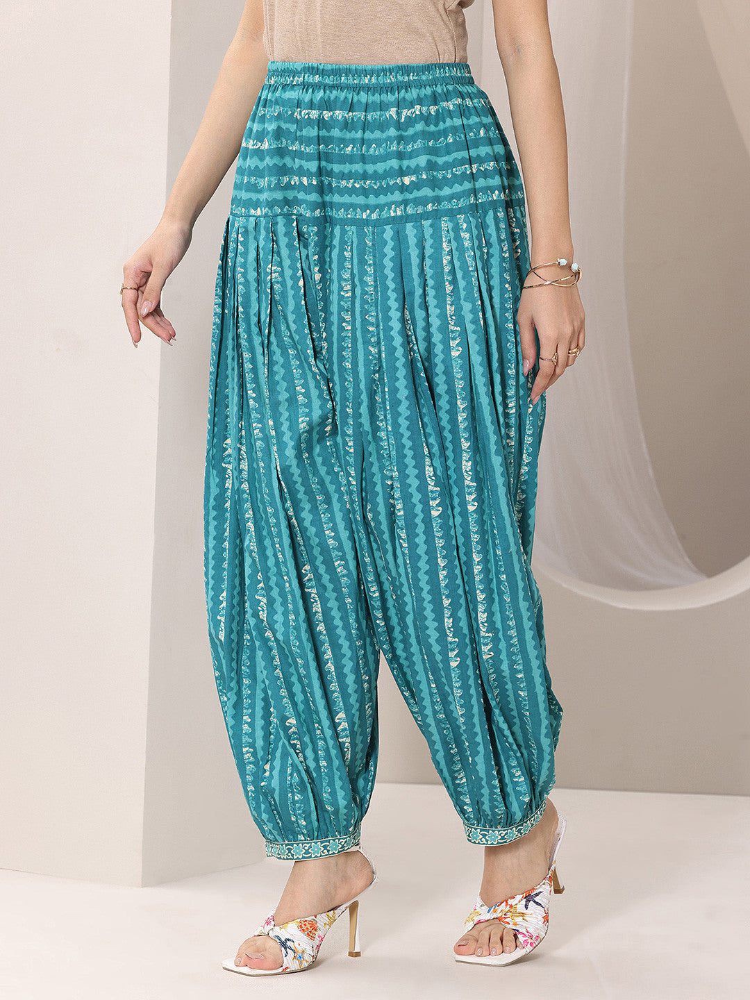 Teal Ethnic Printed Cotton Afghani Salwar Suit Set