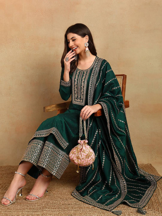 Dhiyona KL Floral Embroidered Regular Republic Day Kurta with Palazzos & With Dupatta