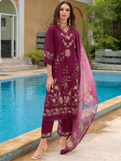Women Floral Embroidered Regular Thread Work Pure Silk Kurta with Trousers & With Dupatta
