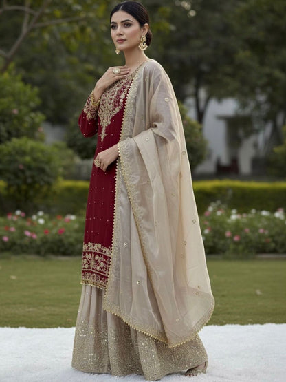 Dhiyona KL Women Ethnic Motifs Embroidered Regular Thread Work Kurta with Sharara & With Dupatta