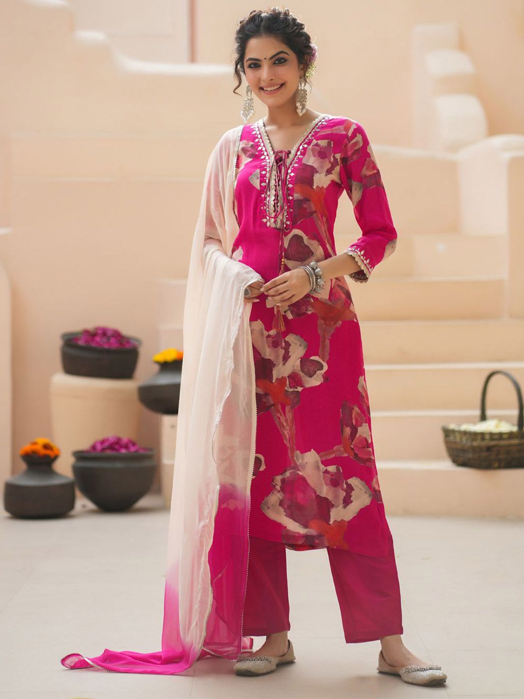 Dhiyona RR Women's Floral Printed Cotton Silk Mirror Work Kurta With Trousers & Dupatta