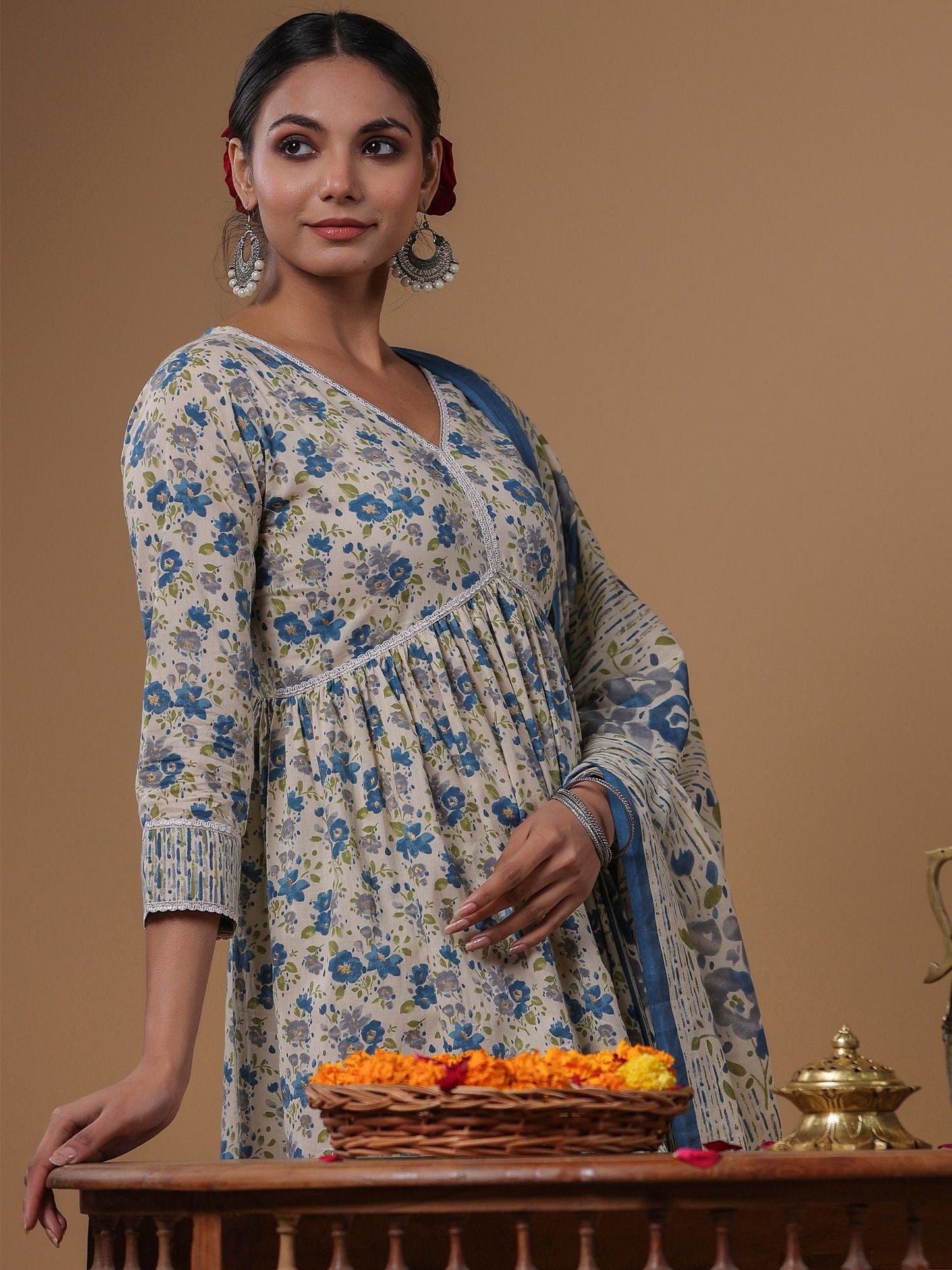 Dhiyona IE Floral Printed Empire Pure Cotton A-Line Kurta with Sharara & Dupatta