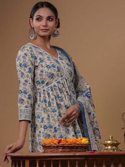 Dhiyona IE Floral Printed Empire Pure Cotton A-Line Kurta with Sharara & Dupatta