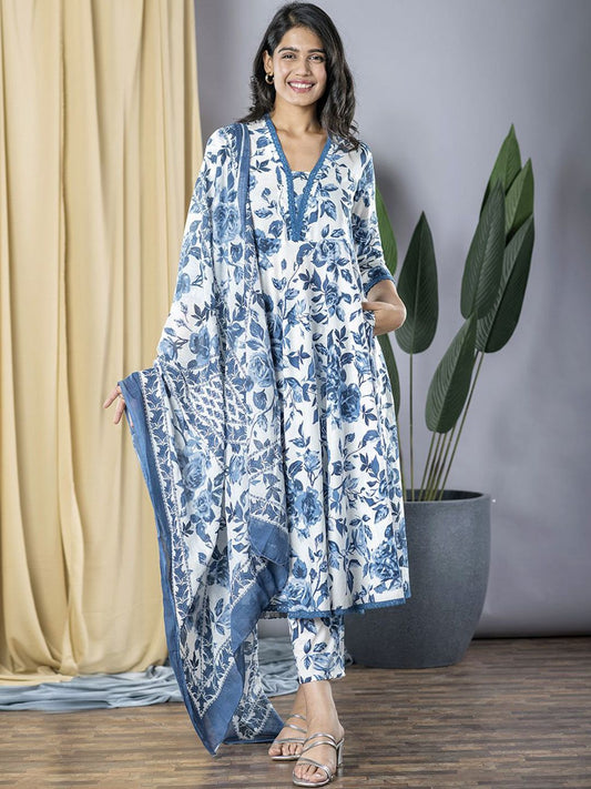 Dhiyona KL Women Floral Printed Regular Pure Cotton Kurta with Trousers & With Dupatta