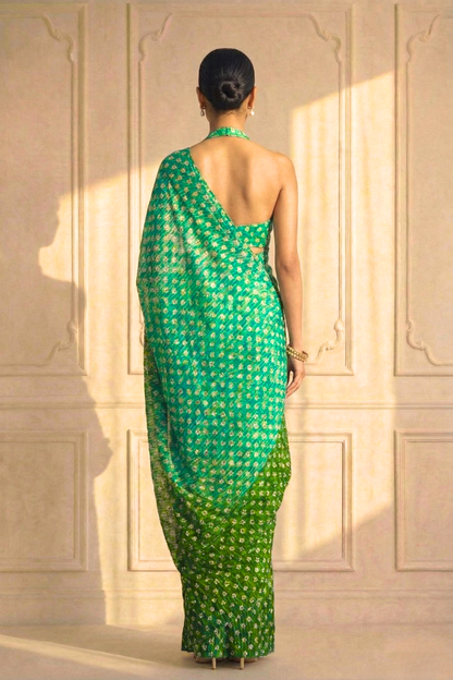 Dhiyona ST Sunrise Blue Green Ombre' Knitted Printed Sequin Saree with Blouse Fabric
