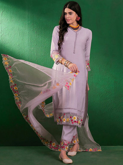 Dhiyona SN Floral Embroidered Schiffli Lace Detail Kurta With Palazzo & Dupatta