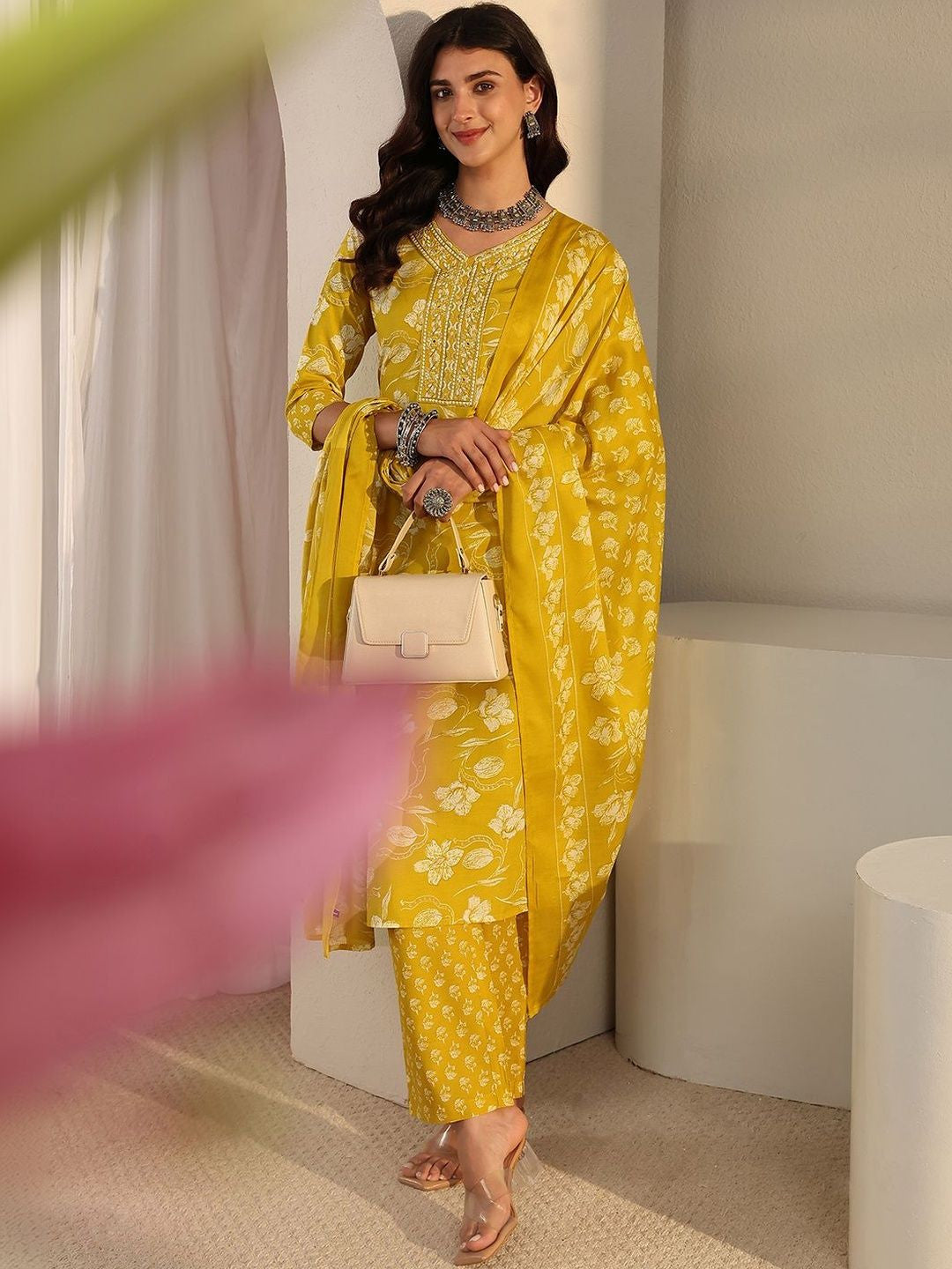 Libas Yellow Floral Printed Straight Suit Set with Dupatta