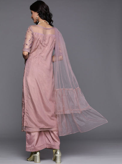 Dhiyona IN Women Mauve Net Floral Embroidered Sequinned Kurta with Palazzos & Dupatta