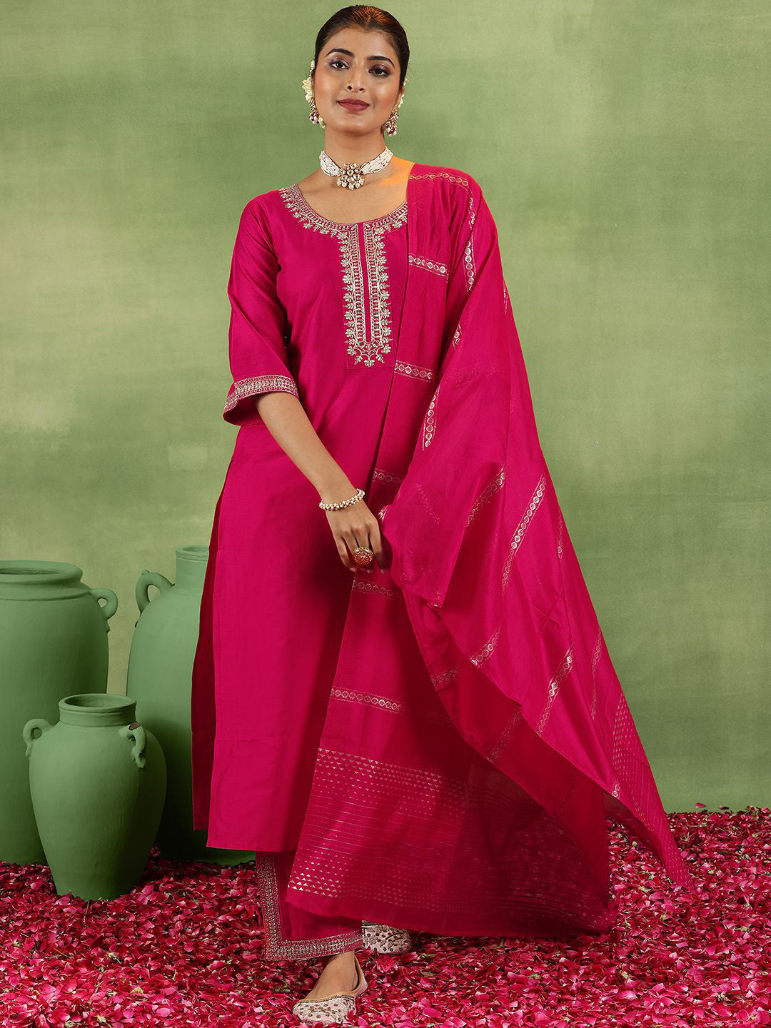 Women Ethnic Motifs Yoke Design Regular Kurta with Trousers & With Dupatta