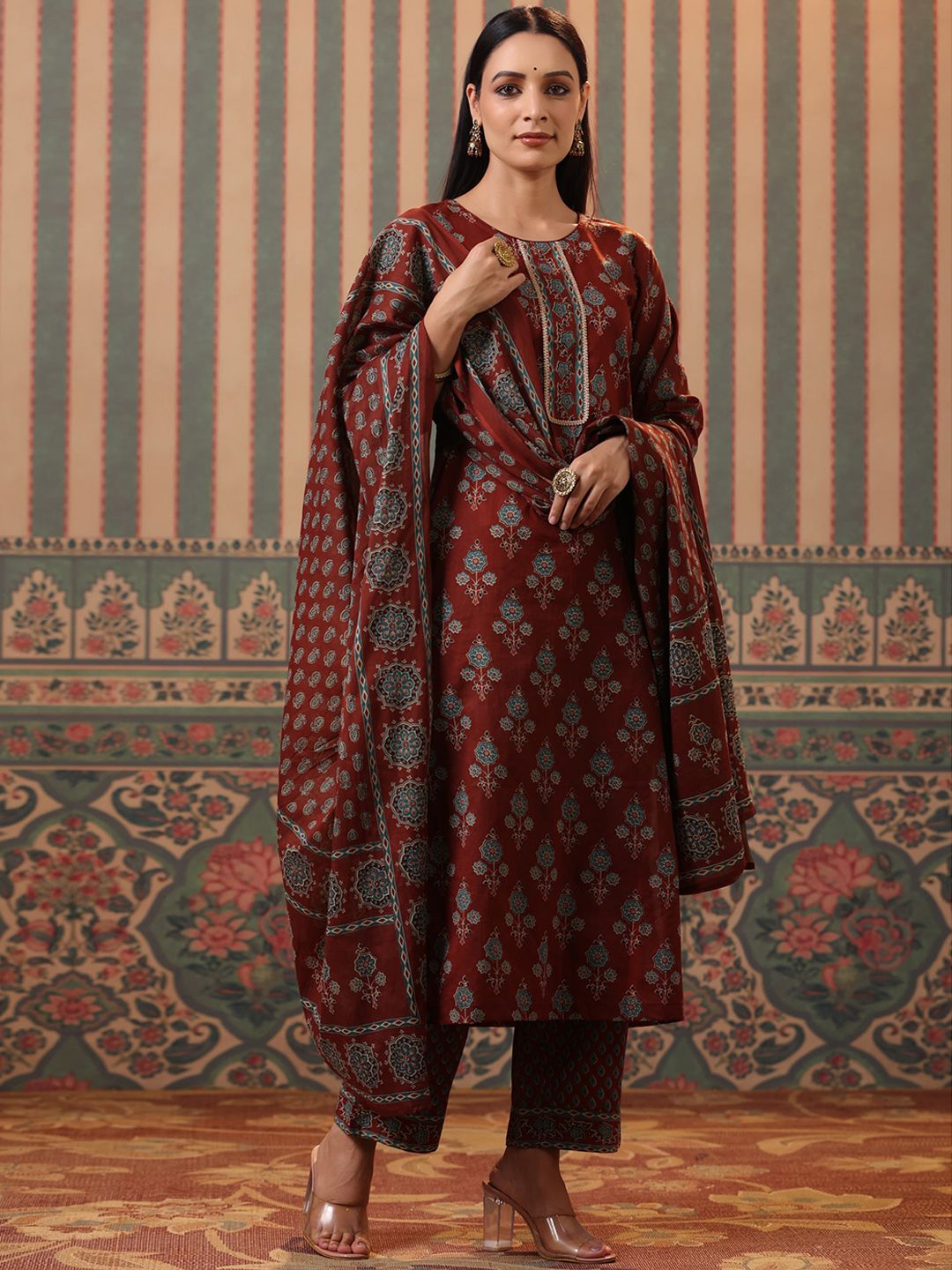 Dhiyona RR Women's Floral Printed Pure Cotton Kurta with Trousers & Dupatta