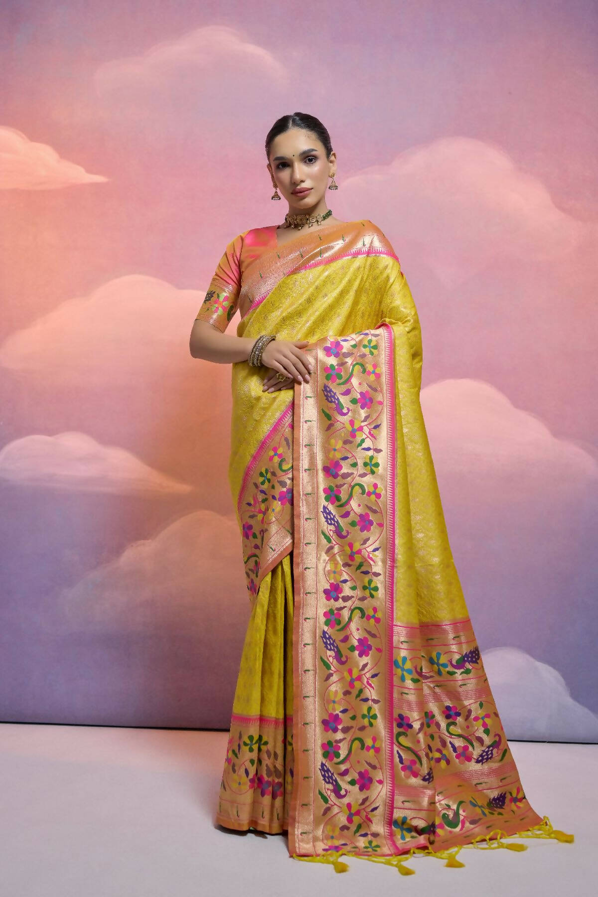 Women Paithani Vani Yellow Saree With Unstiched Blouse