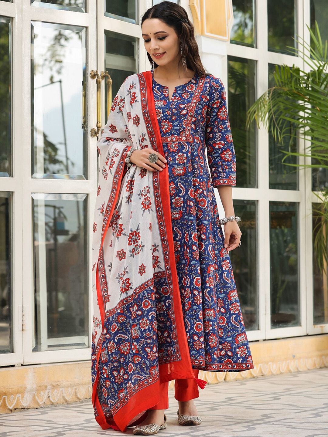 Dhiyona RR Women's Floral Printed Sequinned Pure Cotton Kurta with Trousers & Dupatta