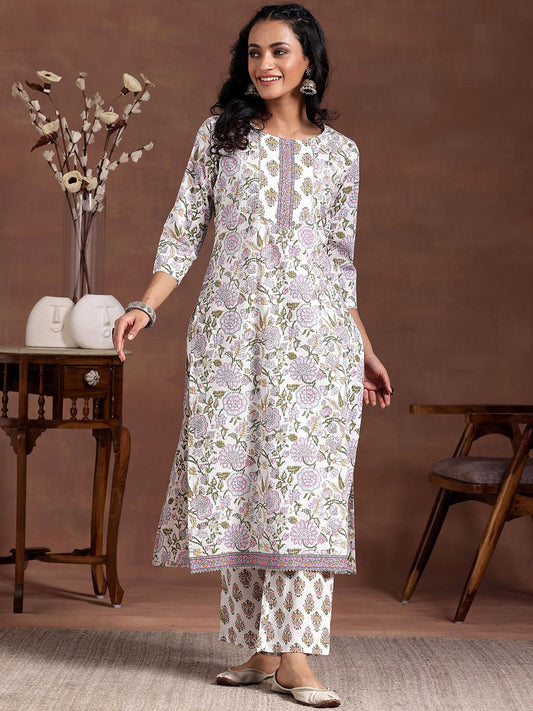 Women Floral Printed Regular Gotta Patti Pure Cotton Kurta with Trousers