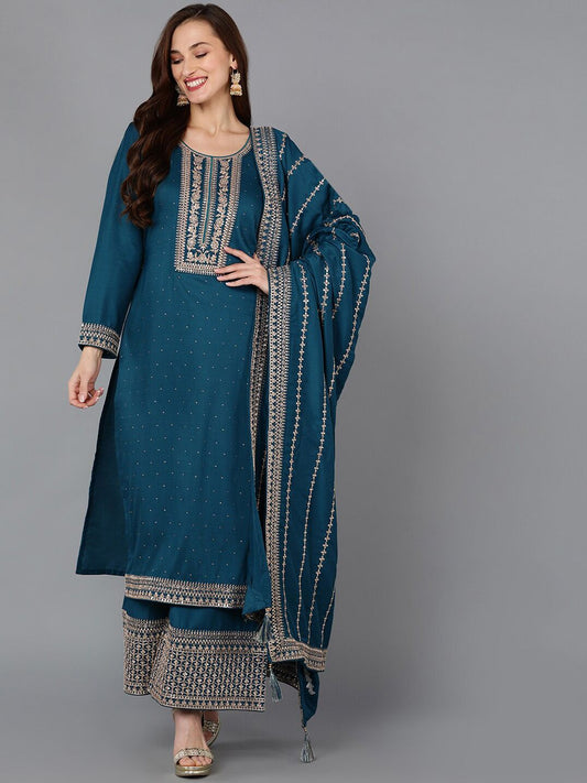 Dhiyona KL Embroidered Regular Sequinned Kurta with Palazzos & Dupatta