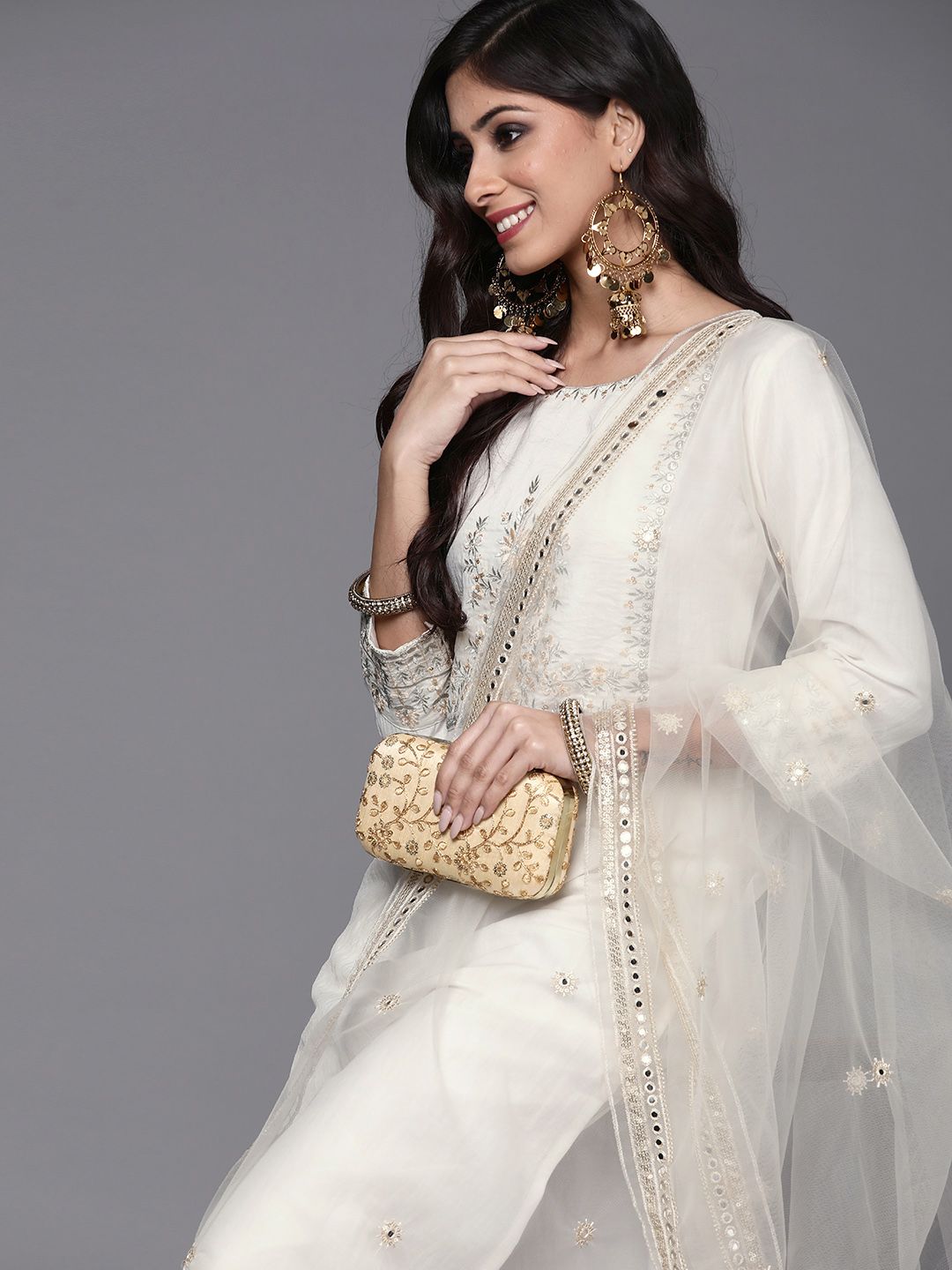 Dhiyona IE Women White Ethnic Motifs Embroidered Kurta with Trousers & With Dupatta