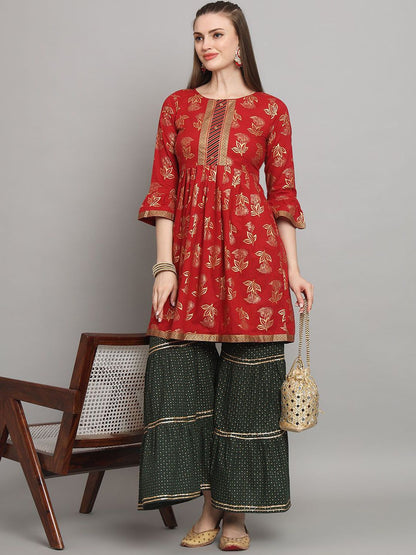 Dhiyona AN Maroon Floral Printed Zari A-Line Kurti With Sharara