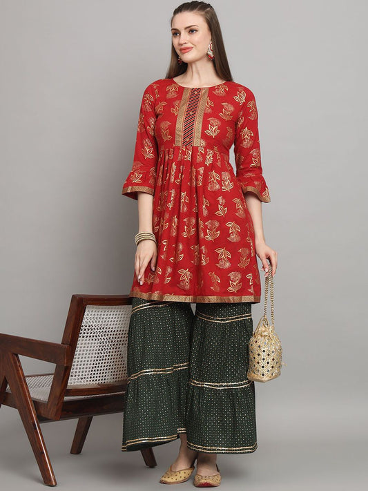 Dhiyona AN Maroon Floral Printed Zari A-Line Kurti With Sharara