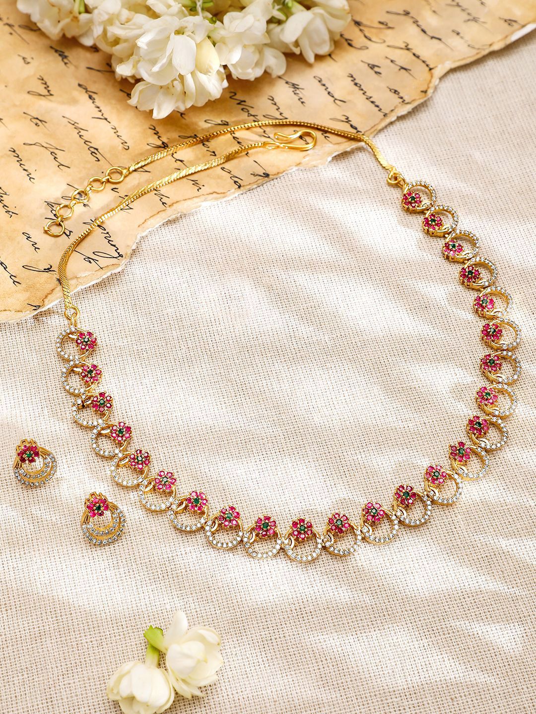 Dhiyona RJ Women's 22K Gold-Plated Pink & Green Stone CubicZirconia Necklace Set with Matching Earring
