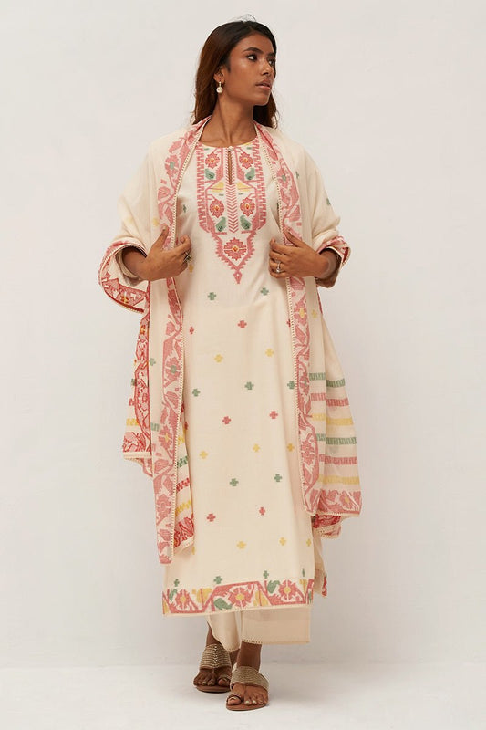 Women's Ivory and Red Cotton Woven Kurta Set