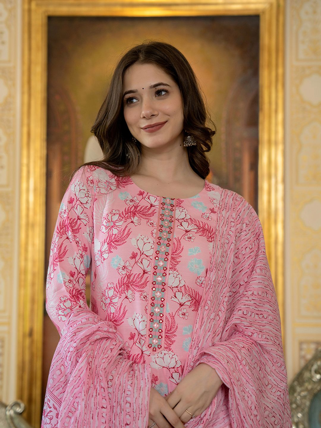 Dhiyona KL Floral Printed Thread Work Straight Kurta with Trousers & Dupatta