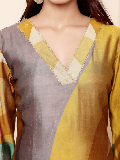 Mustard Quirky Printed V-Neck Chanderi Silk Straight Kurta With Trousers