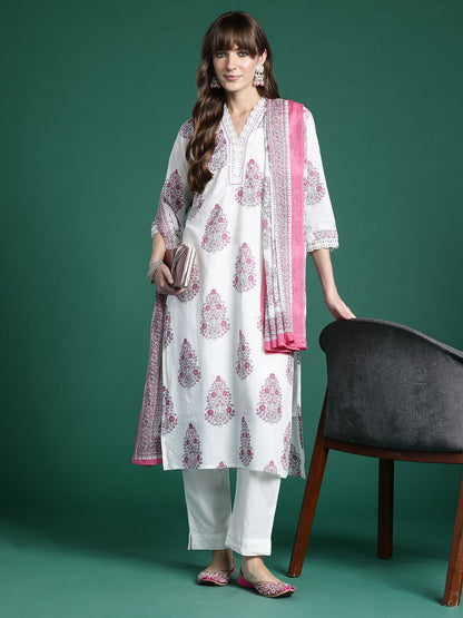 Floral Printed Regular Pure Cotton Kurta with Trousers & Dupatta