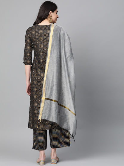 Women Black & Golden Foil Print Kurta with Palazzos & Dupatta
