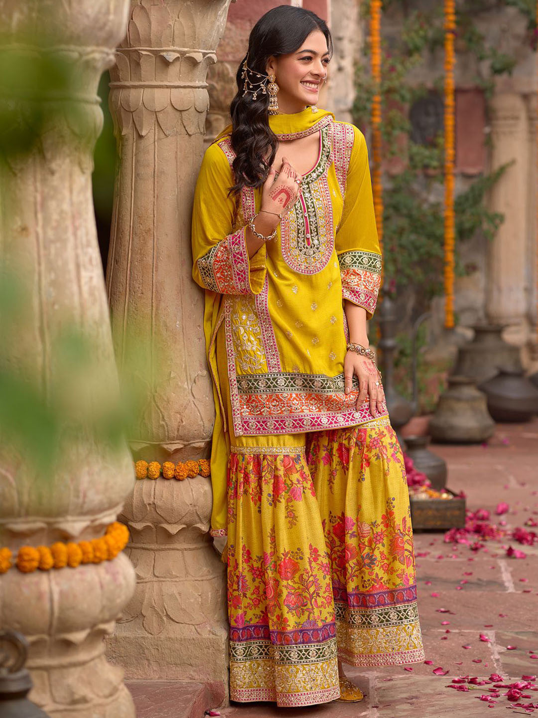 Embroidered Sequinned Kurti With Sharara & Dupatta