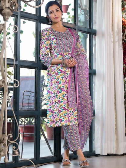 Dhiyona KL Floral Printed Regular Mirror Work Pure Cotton Kurta With Trousers & Dupatta