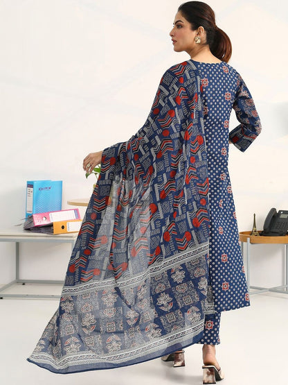 Women Ethnic Motifs Printed Regular Cotton Blend Kurta with Trousers & With Dupatta