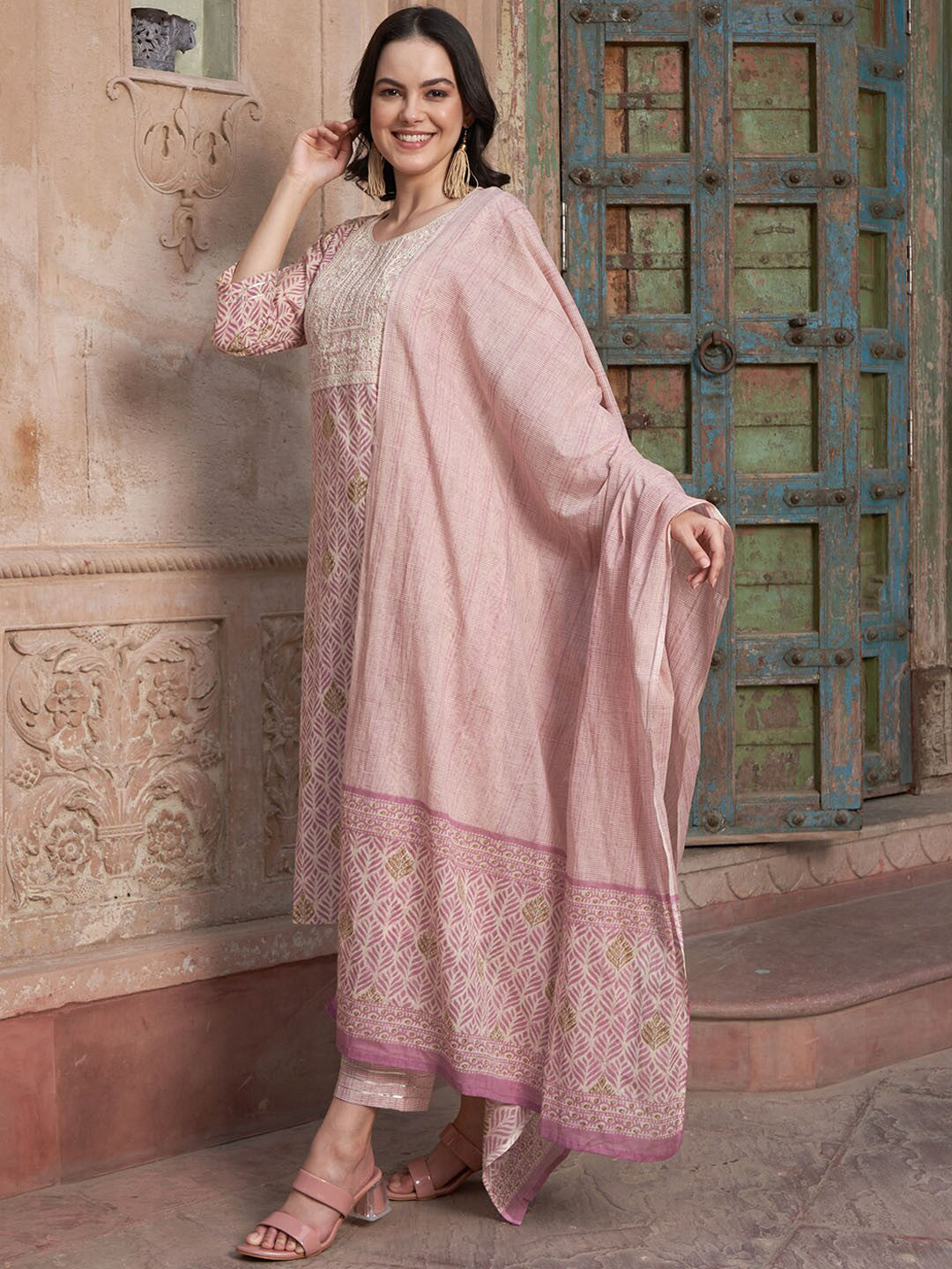 Mauve coloured Floral Printed Pure Cotton Kurta with Churidar & With Dupatta