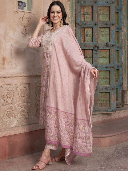 Mauve coloured Floral Printed Pure Cotton Kurta with Churidar & With Dupatta