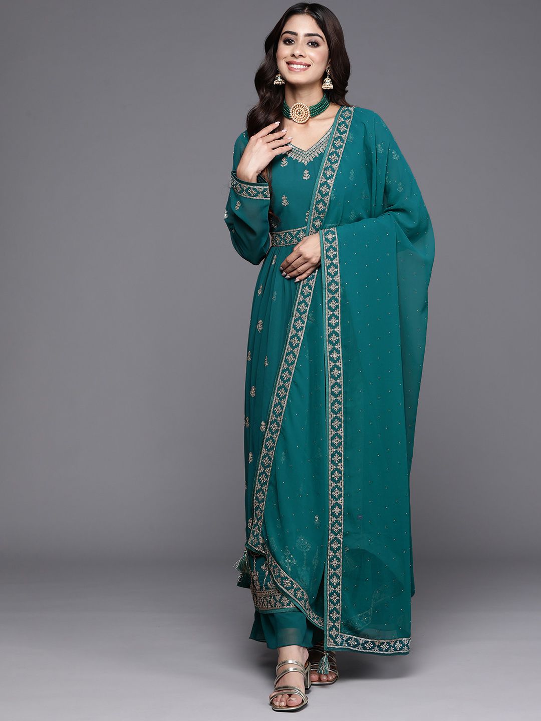 Dhiyona LL Floral Embroidered High Slit Sequinned Kurta with Palazzos & Dupatta
