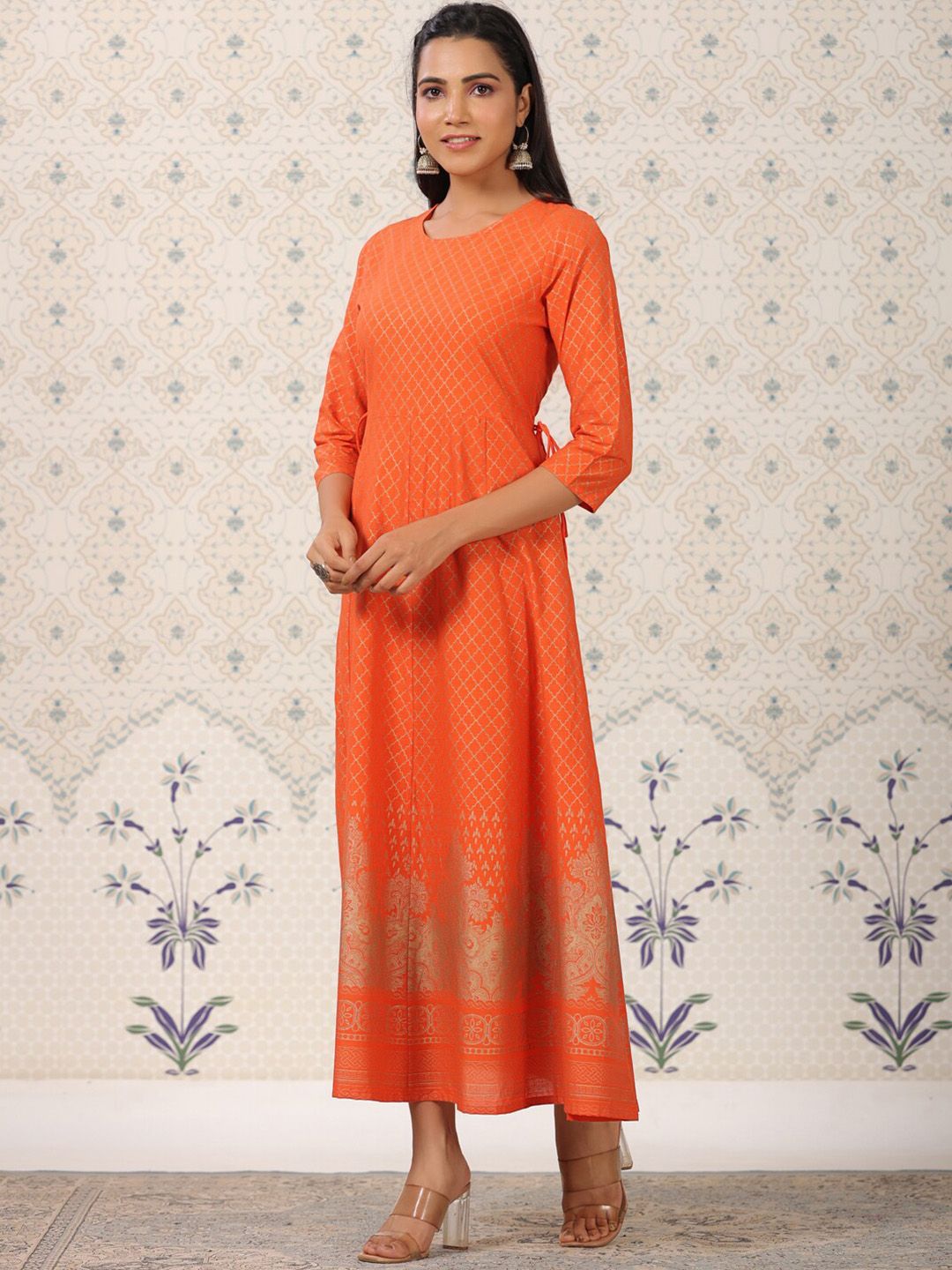 Dhiyona OD  Orange Coloured Ethnic Motifs Woven Design Anarkali Kurta