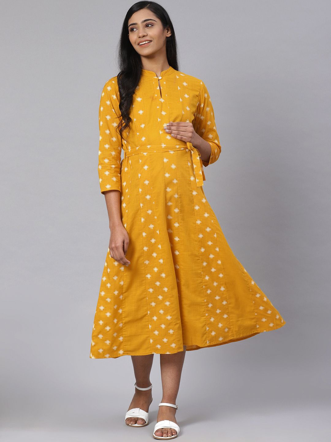 Dhiyona AY Women's Mustard Yellow & Off-White Printed Pure Cotton Maternity A-Line Dress