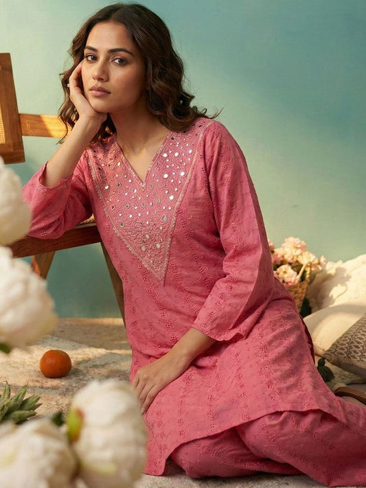 Dhiyona CH Women Ethnic Motifs Embroidered Regular Mirror Work Kurta with Trousers