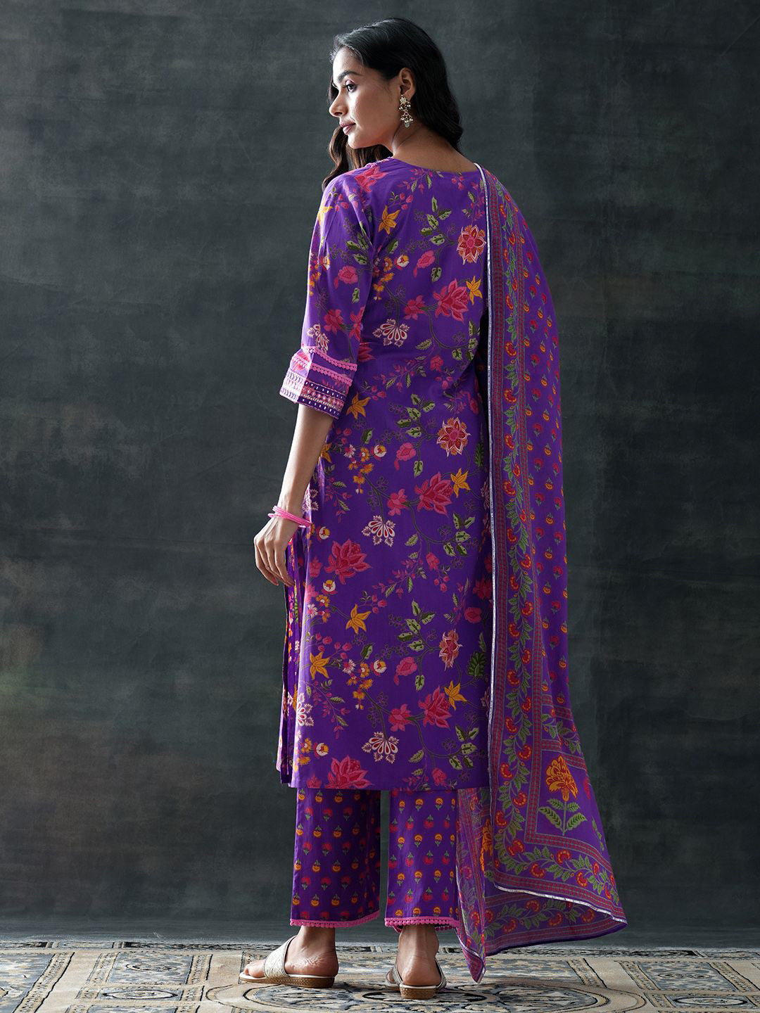 Floral Printed V-Neck Straight Kurta With Trouser & Dupatta