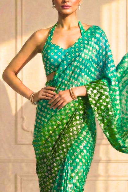 Dhiyona ST Sunrise Blue Green Ombre' Knitted Printed Sequin Saree with Blouse Fabric