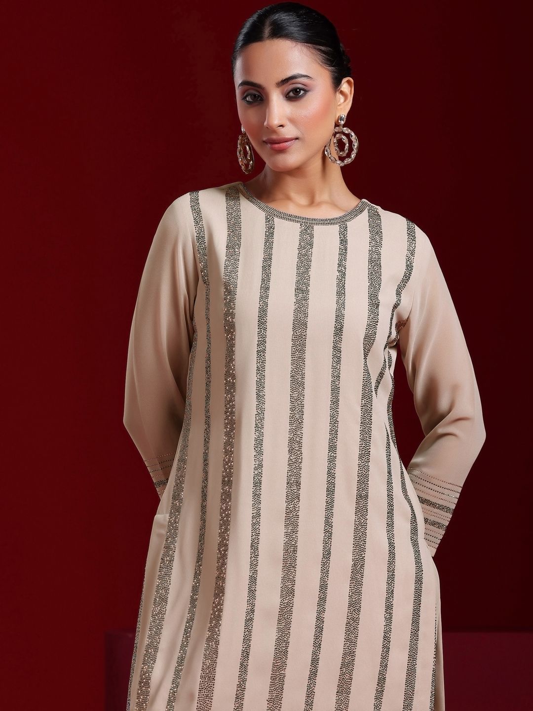 Dhiyona LL Striped Regular Beads and Stones Kurta with Palazzos & With Dupatta
