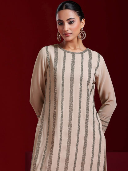 Dhiyona LL Striped Regular Beads and Stones Kurta with Palazzos & With Dupatta