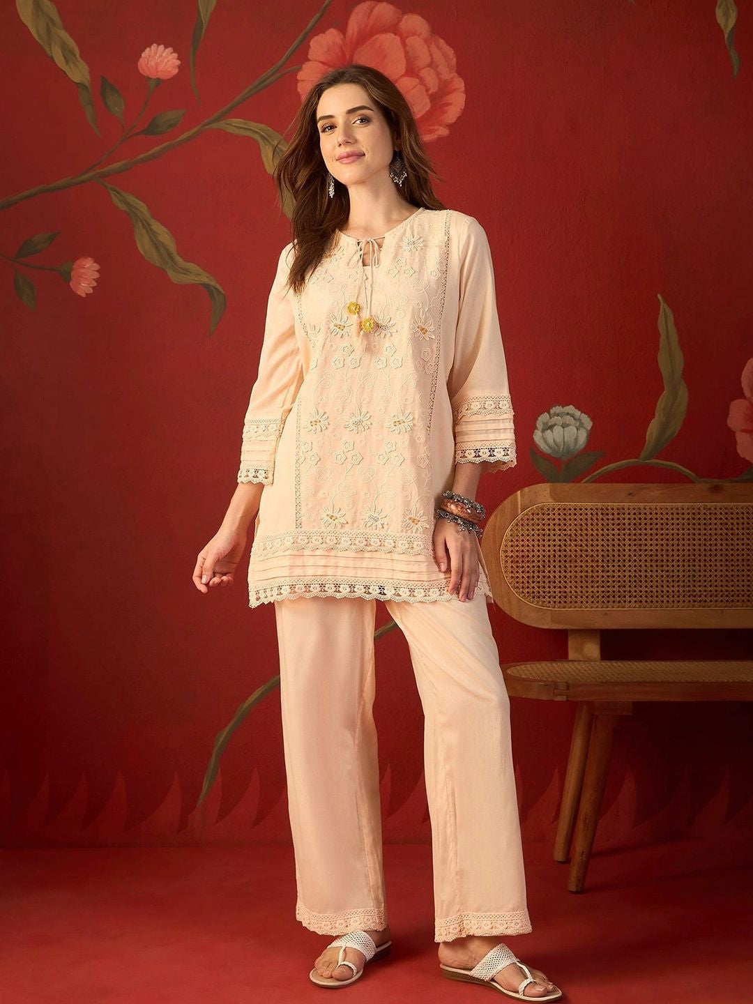 Peach schiffli embroidered cotton tunic and pants
