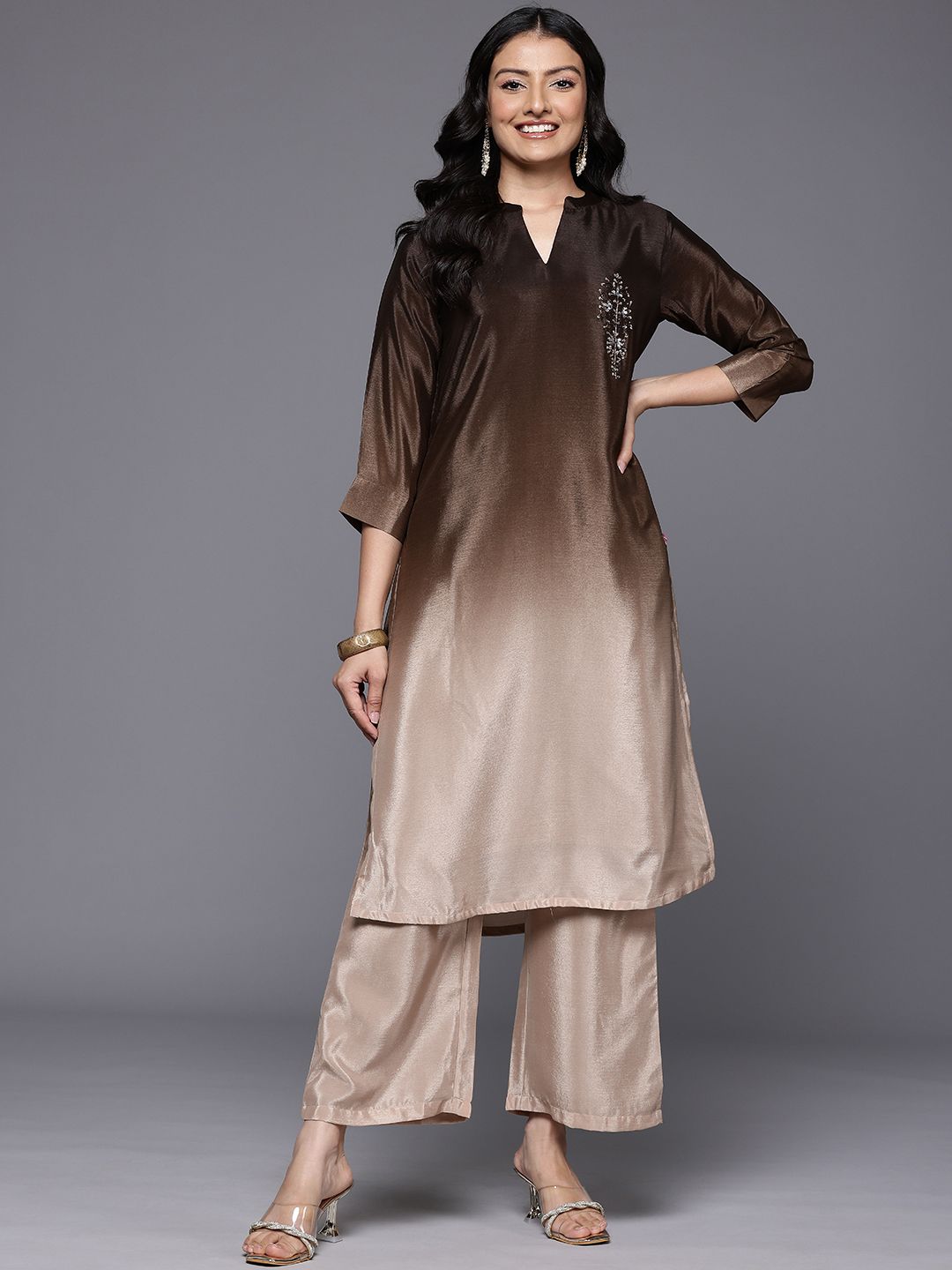 Camel Brown Ombre Sequine Embroidered Kurta with Trouser