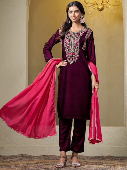 Women Velvet Yoke Embroidery Straight Kurta Pant With Dupatta Set