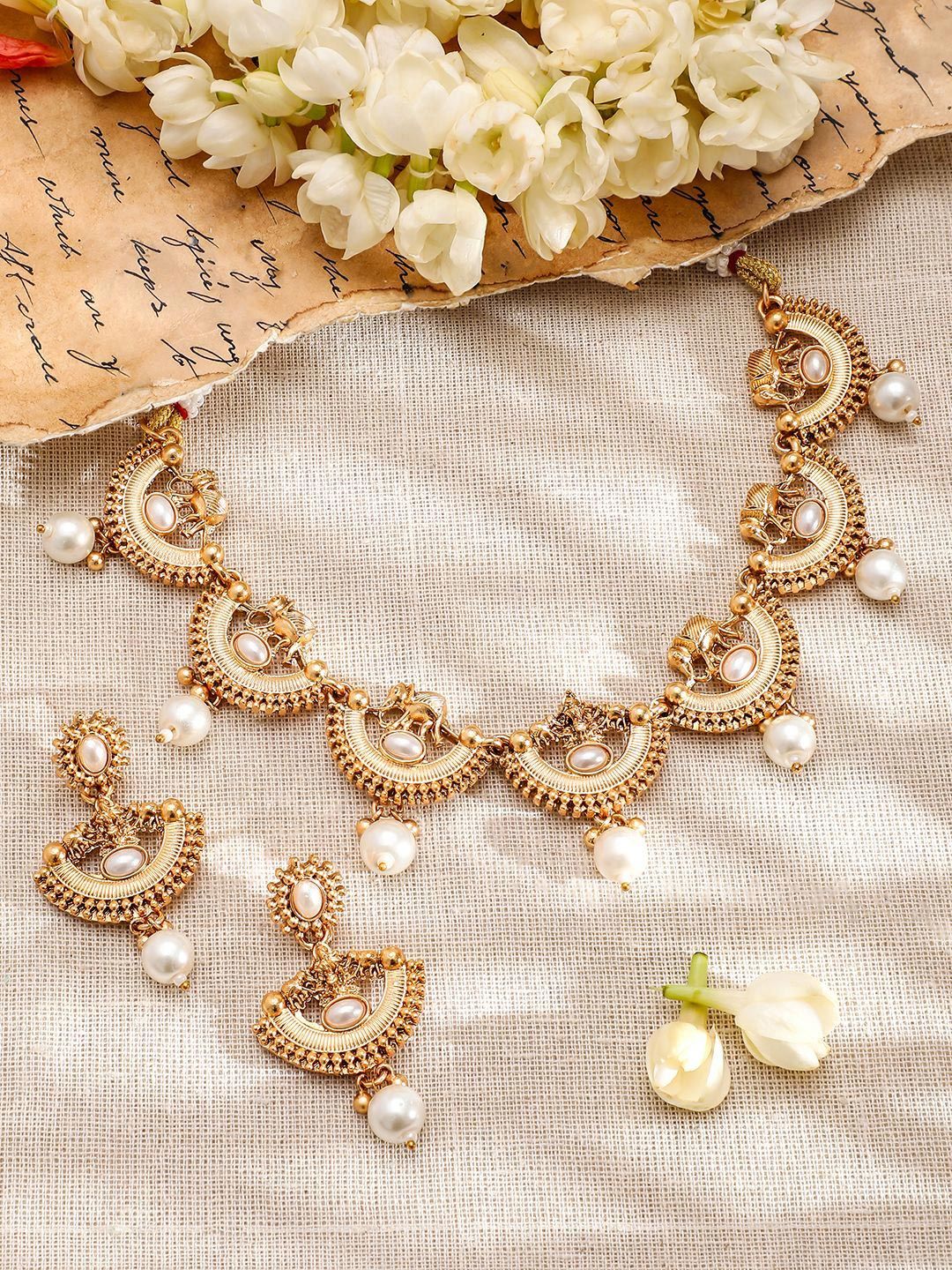 Dhiyona RJ Women's 18K Gold-Plated Pearl and Kundan Studded Temple Necklace Set