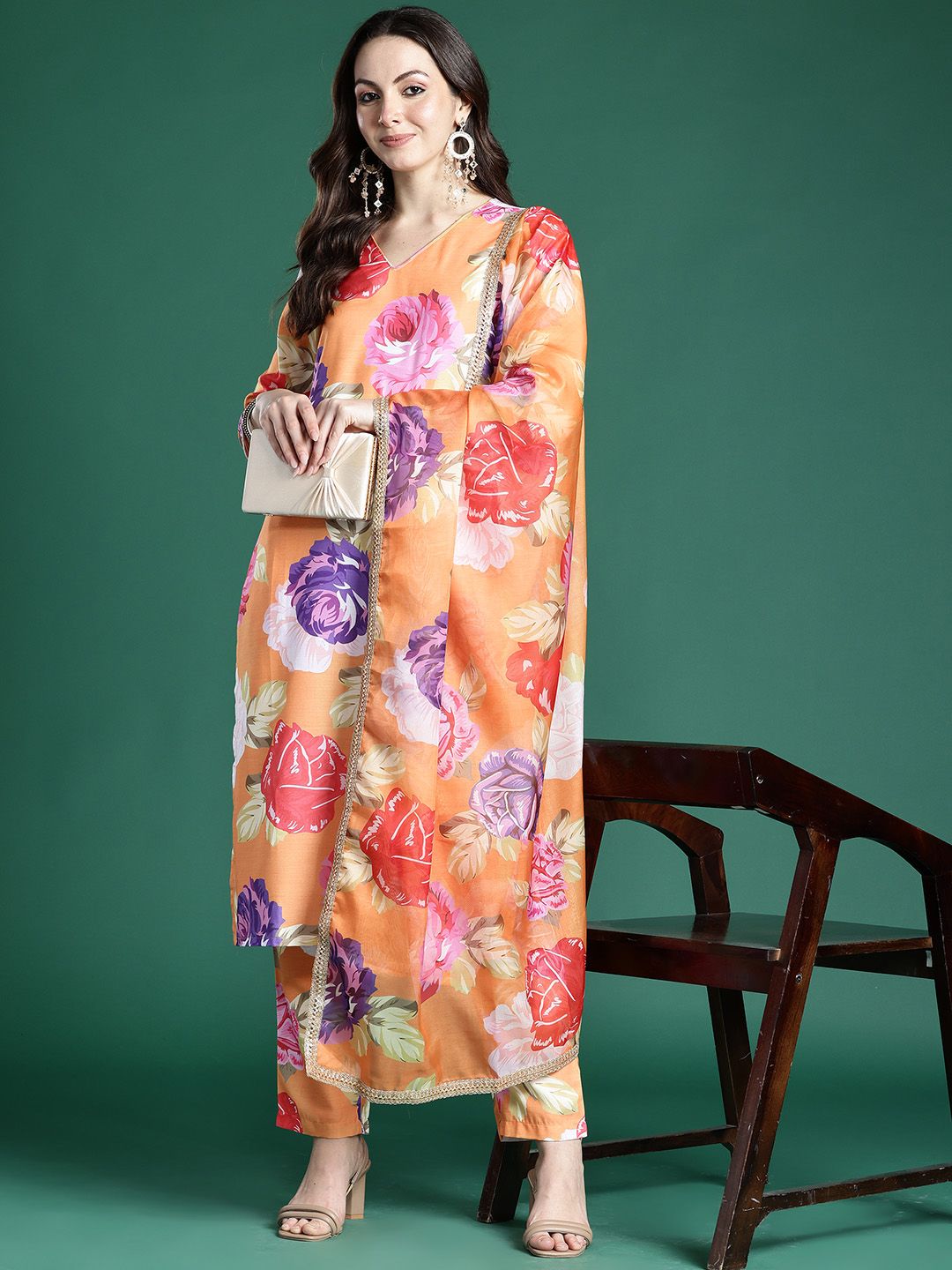 Dhiyona IE Floral Printed Regular Kurta with Trousers & Dupatta