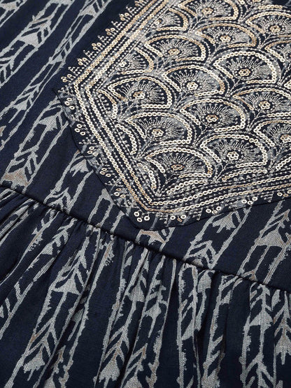 Dhiyona AN Women Navy Blue Ethnic Motifs Printed Sequinned Kurta with Sharara & Dupatta
