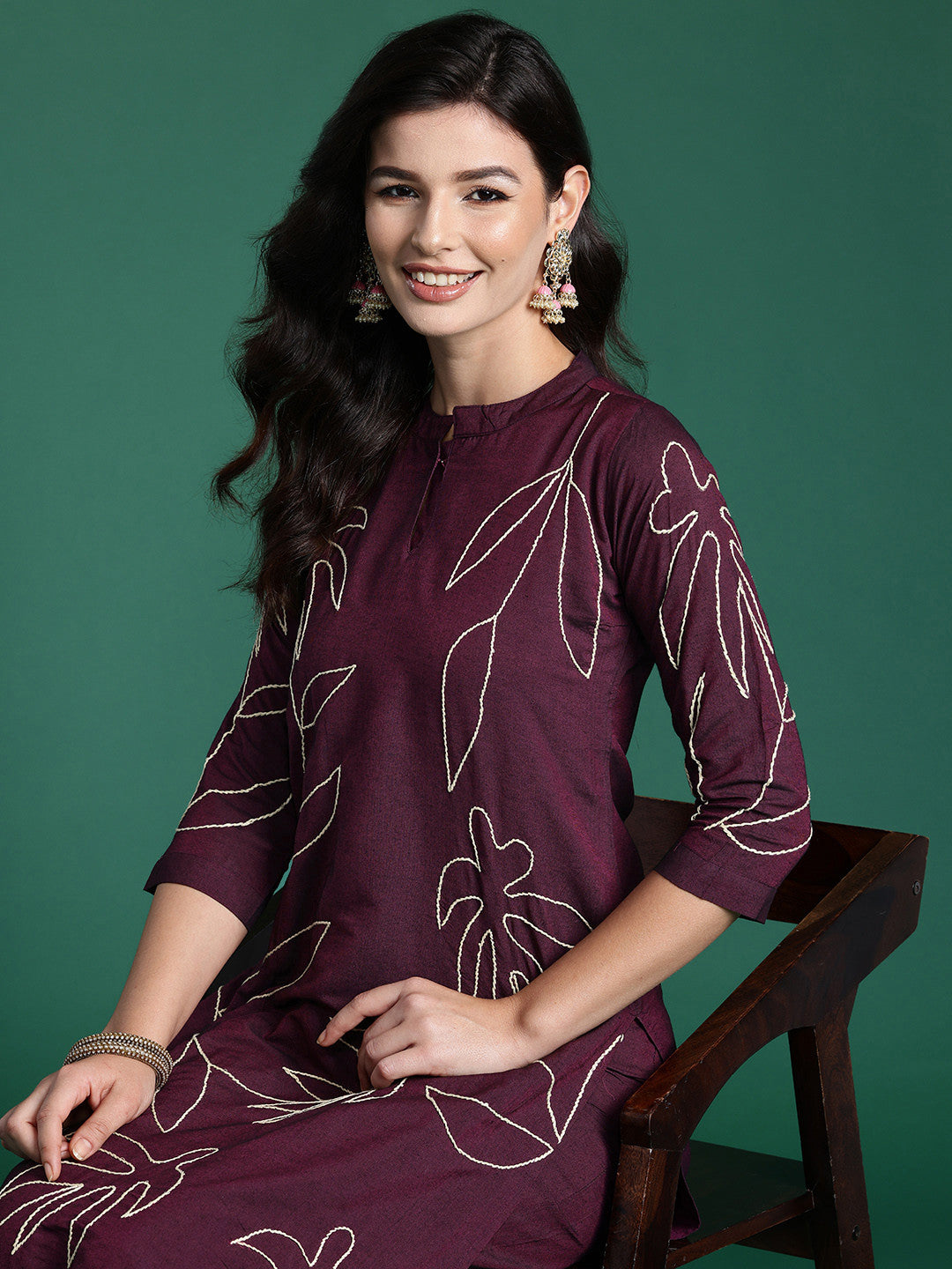 Floral Embroidered Thread Work Pure Cotton Kurta with Trousers