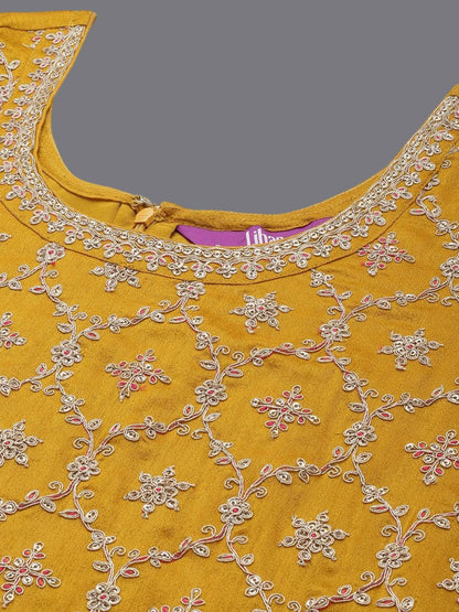 Dhiyona LL Floral Embroidered Sequinned Scoop Neck Straight Kurta With Sharara And Dupatta