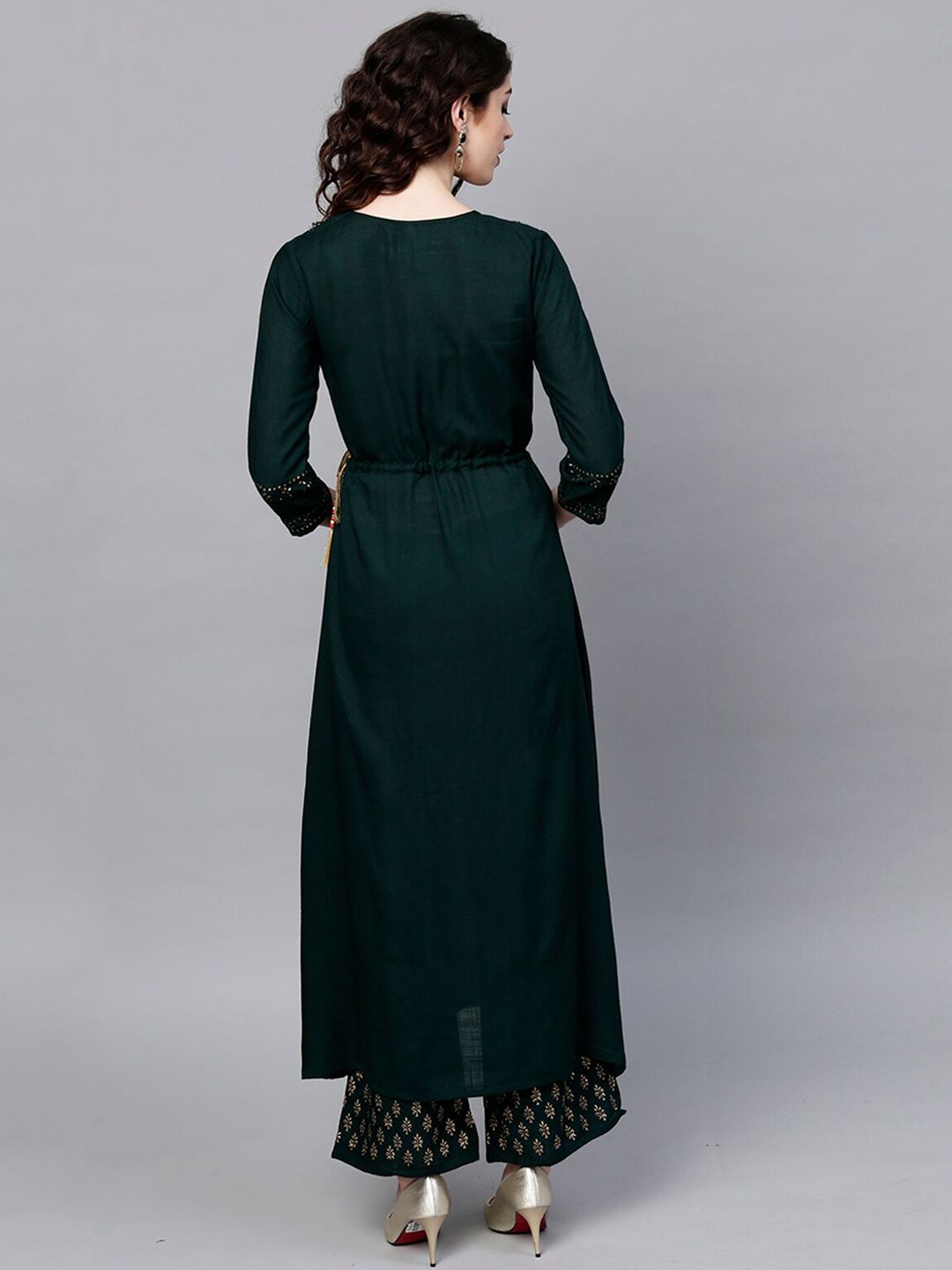 Dhiyona IS Women's Women Green Ethnic Motifs Yoke Design Kurta with Trousers